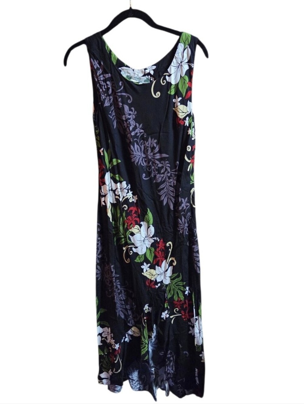 Vintage Two Palms Hawaiian Black Floral Maxi Tropical Dress Rayon Size Medium
